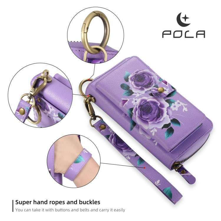 For iPhone XR POLA Flower Multi-functional Zipper Wallet Leather Phone Case(Purple) - More iPhone Cases by buy2fix | Online Shopping UK | buy2fix