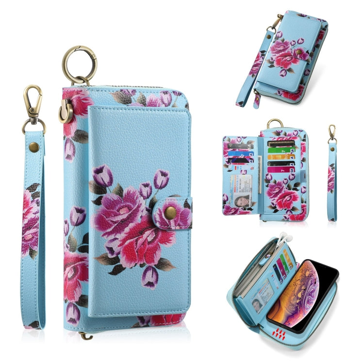 For iPhone XS Max POLA Flower Multi-functional Zipper Wallet Leather Phone Case(Sky Blue) - More iPhone Cases by buy2fix | Online Shopping UK | buy2fix