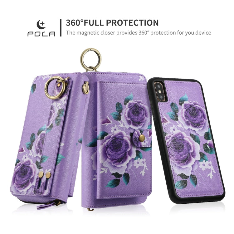 For iPhone XS Max POLA Flower Multi-functional Zipper Wallet Leather Phone Case(Purple) - More iPhone Cases by buy2fix | Online Shopping UK | buy2fix