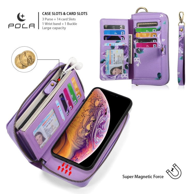 For iPhone XS Max POLA Flower Multi-functional Zipper Wallet Leather Phone Case(Purple) - More iPhone Cases by buy2fix | Online Shopping UK | buy2fix
