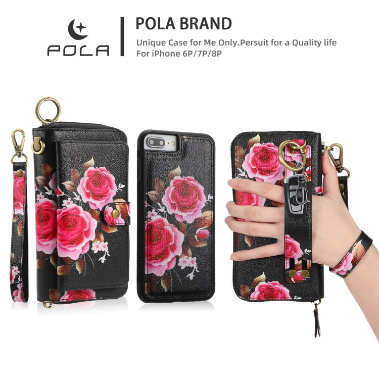 For iPhone 7 Plus / 8 Plus POLA Flower Multi-functional Zipper Wallet Leather Phone Case(Black) - More iPhone Cases by buy2fix | Online Shopping UK | buy2fix