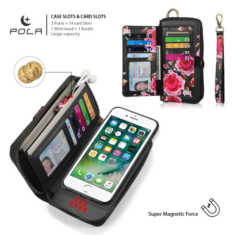 For iPhone 7 Plus / 8 Plus POLA Flower Multi-functional Zipper Wallet Leather Phone Case(Black) - More iPhone Cases by buy2fix | Online Shopping UK | buy2fix