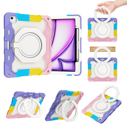 For iPad Air 13 2024 / 2025 / 2026 Armor Portable Rotating Ring Holder Silicone Tablet Case with Pen Slot(Colorful Pink)