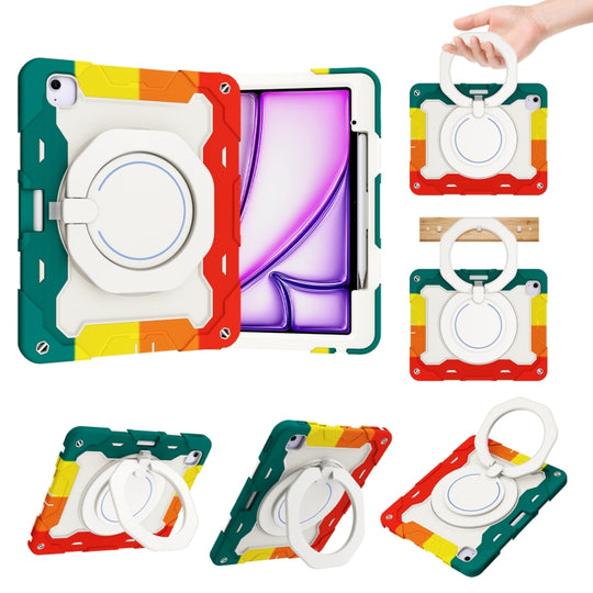 For iPad Air 13 2024 / 2025 / 2026 Armor Portable Rotating Ring Holder Silicone Tablet Case with Pen Slot(Colorful Red)