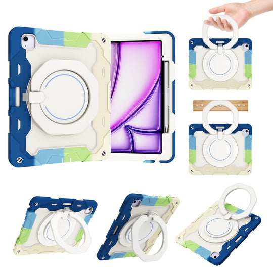 For iPad Air 13 2024 / 2025 / 2026 Armor Portable Rotating Ring Holder Silicone Tablet Case with Pen Slot(Colorful Blue)