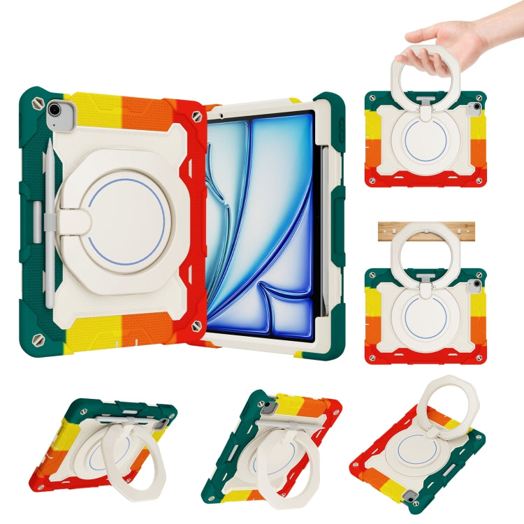 For iPad Air 11 2024 / 2025 Armor Portable Rotating Ring Holder Silicone Tablet Case with Pen Slot(Colorful Red) - iPad Air 11 2025 / 2024 Cases by buy2fix | Online Shopping UK | buy2fix