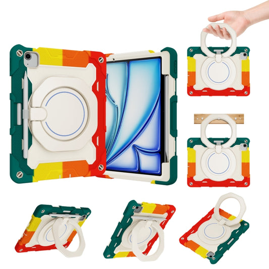 For iPad Air 11 2024 / 2025 Armor Portable Rotating Ring Holder Silicone Tablet Case with Pen Slot(Colorful Red) - iPad Air 11 2025 / 2024 Cases by buy2fix | Online Shopping UK | buy2fix