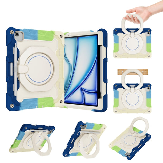 For iPad Air 11 2024 / 2025 Armor Portable Rotating Ring Holder Silicone Tablet Case with Pen Slot(Colorful Blue) - iPad Air 11 2025 / 2024 Cases by buy2fix | Online Shopping UK | buy2fix