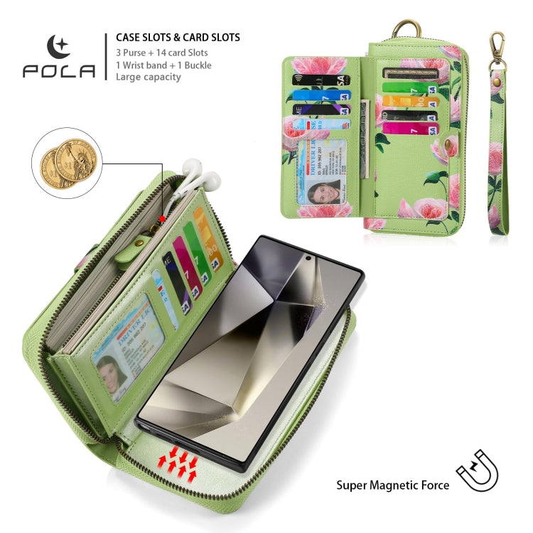 For Samsung Galaxy S24 5G POLA Flower Multi-functional Zipper Wallet Leather Phone Case(Green) - Galaxy S24 5G Cases by buy2fix | Online Shopping UK | buy2fix