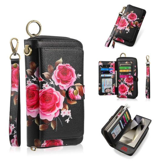 For Samsung Galaxy S24+ 5G POLA Flower Multi-functional Zipper Wallet Leather Phone Case(Black) - Galaxy S24+ 5G Cases by buy2fix | Online Shopping UK | buy2fix