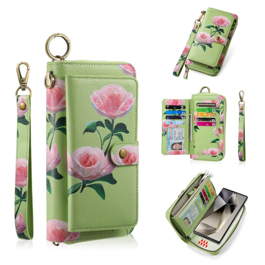 For Samsung Galaxy S24+ 5G POLA Flower Multi-functional Zipper Wallet Leather Phone Case(Green) - Galaxy S24+ 5G Cases by buy2fix | Online Shopping UK | buy2fix