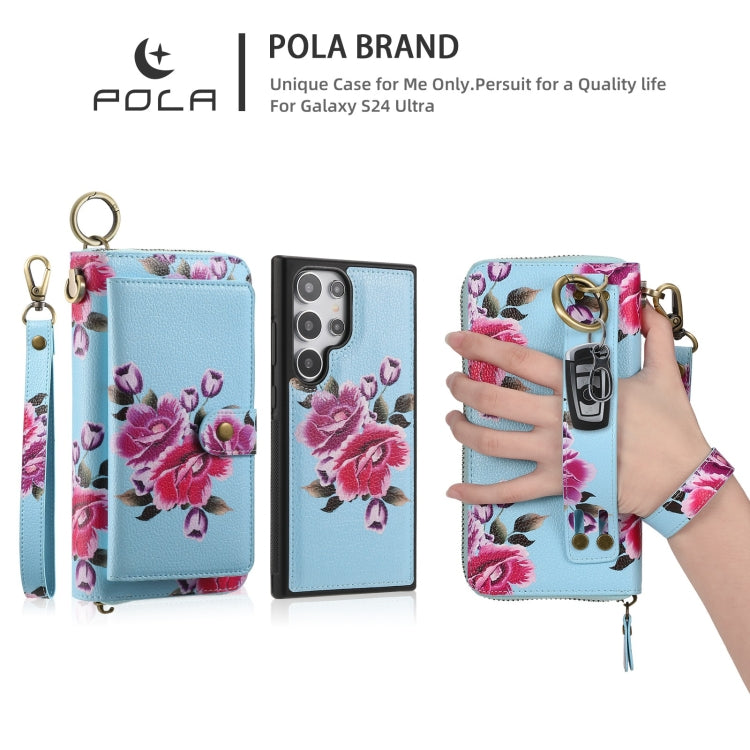 For Samsung Galaxy S24+ 5G POLA Flower Multi-functional Zipper Wallet Leather Phone Case(Sky Blue) - Galaxy S24+ 5G Cases by buy2fix | Online Shopping UK | buy2fix