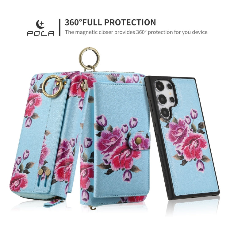 For Samsung Galaxy S24+ 5G POLA Flower Multi-functional Zipper Wallet Leather Phone Case(Sky Blue) - Galaxy S24+ 5G Cases by buy2fix | Online Shopping UK | buy2fix