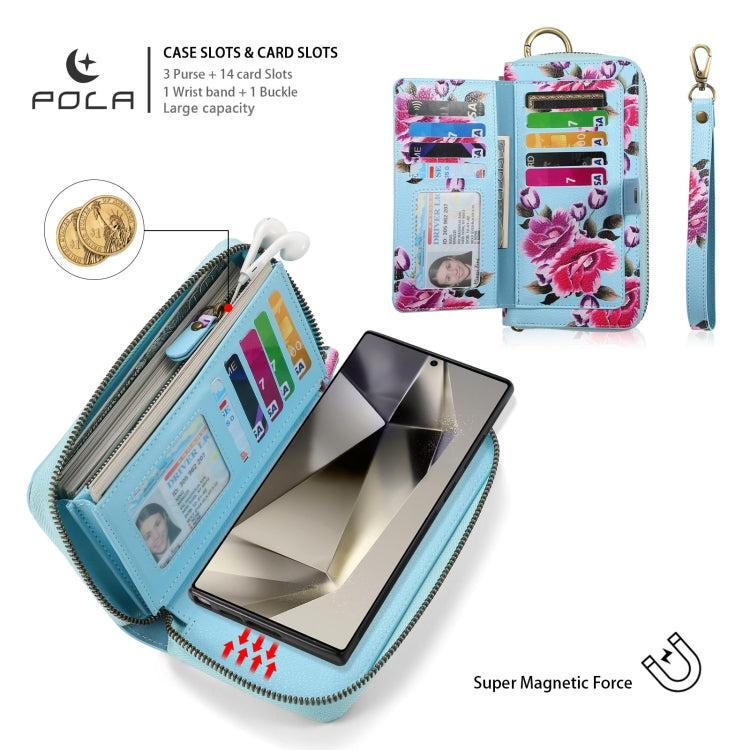 For Samsung Galaxy S24+ 5G POLA Flower Multi-functional Zipper Wallet Leather Phone Case(Sky Blue) - Galaxy S24+ 5G Cases by buy2fix | Online Shopping UK | buy2fix