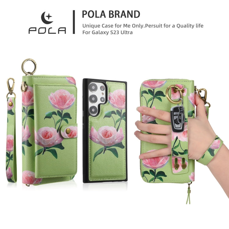For Samsung Galaxy S23 5G POLA Flower Multi-functional Zipper Wallet Leather Phone Case(Green) - Galaxy S23 5G Cases by buy2fix | Online Shopping UK | buy2fix
