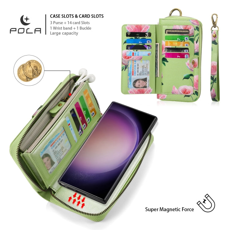 For Samsung Galaxy S23 5G POLA Flower Multi-functional Zipper Wallet Leather Phone Case(Green) - Galaxy S23 5G Cases by buy2fix | Online Shopping UK | buy2fix