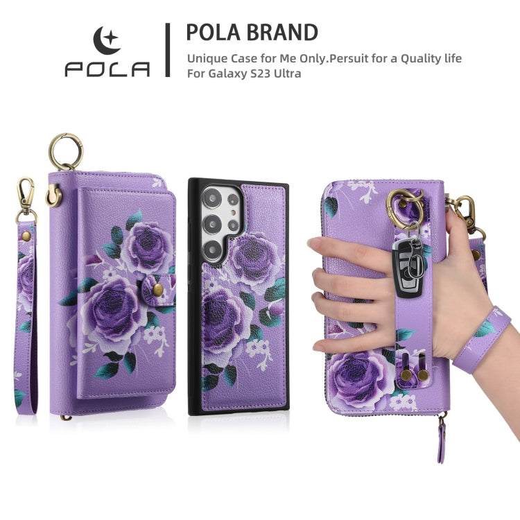 For Samsung Galaxy S23 5G POLA Flower Multi-functional Zipper Wallet Leather Phone Case(Purple) - Galaxy S23 5G Cases by buy2fix | Online Shopping UK | buy2fix