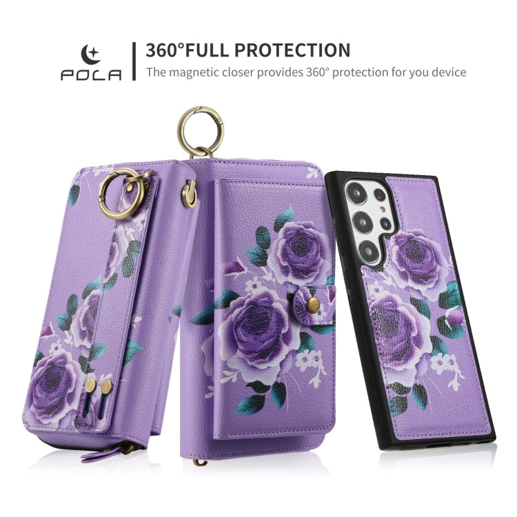 For Samsung Galaxy S23 5G POLA Flower Multi-functional Zipper Wallet Leather Phone Case(Purple) - Galaxy S23 5G Cases by buy2fix | Online Shopping UK | buy2fix