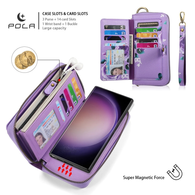 For Samsung Galaxy S23 5G POLA Flower Multi-functional Zipper Wallet Leather Phone Case(Purple) - Galaxy S23 5G Cases by buy2fix | Online Shopping UK | buy2fix