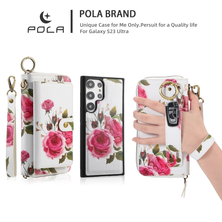 For Samsung Galaxy S23 5G POLA Flower Multi-functional Zipper Wallet Leather Phone Case(Beige) - Galaxy S23 5G Cases by buy2fix | Online Shopping UK | buy2fix
