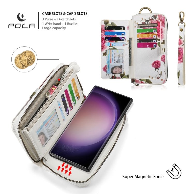 For Samsung Galaxy S23 5G POLA Flower Multi-functional Zipper Wallet Leather Phone Case(Beige) - Galaxy S23 5G Cases by buy2fix | Online Shopping UK | buy2fix