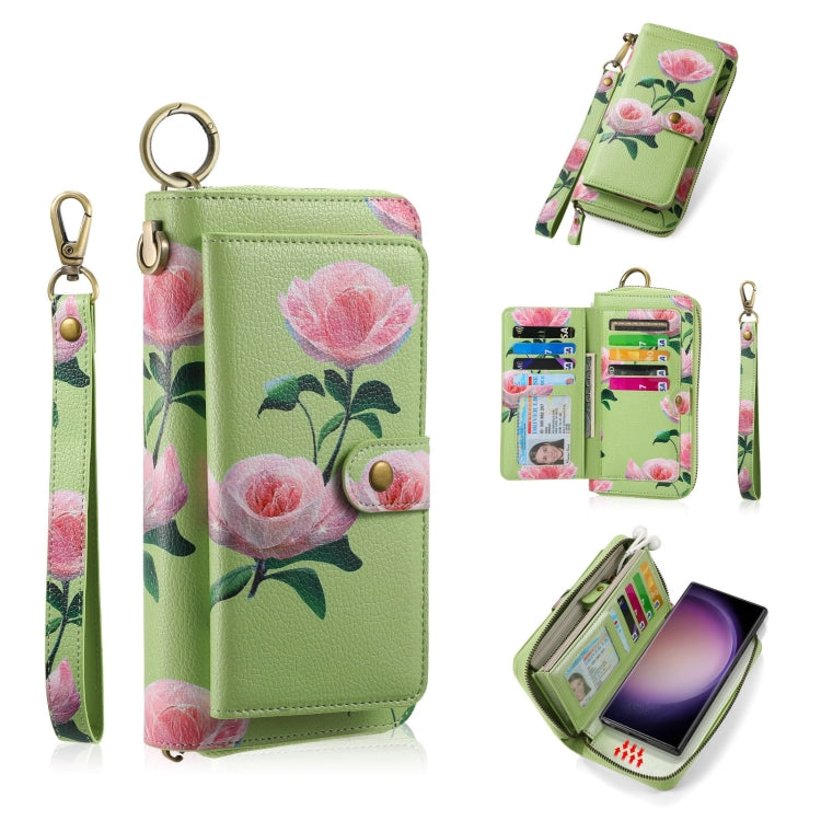 For Samsung Galaxy S23+ 5G POLA Flower Multi-functional Zipper Wallet Leather Phone Case(Green) - Galaxy S23+ 5G Cases by buy2fix | Online Shopping UK | buy2fix