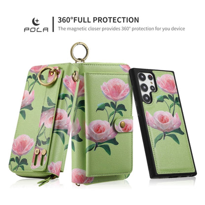 For Samsung Galaxy S22 5G POLA Flower Multi-functional Zipper Wallet Leather Phone Case(Green) - Galaxy S22 5G Cases by buy2fix | Online Shopping UK | buy2fix