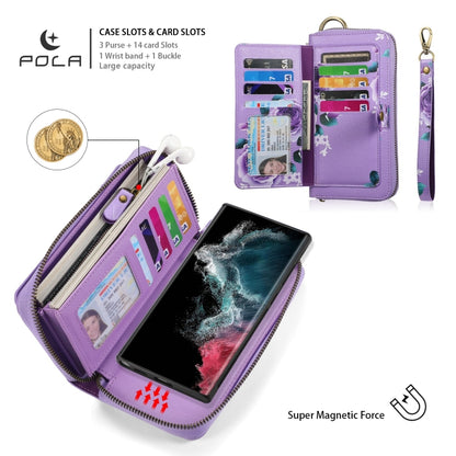 For Samsung Galaxy S22 5G POLA Flower Multi-functional Zipper Wallet Leather Phone Case(Purple) - Galaxy S22 5G Cases by buy2fix | Online Shopping UK | buy2fix