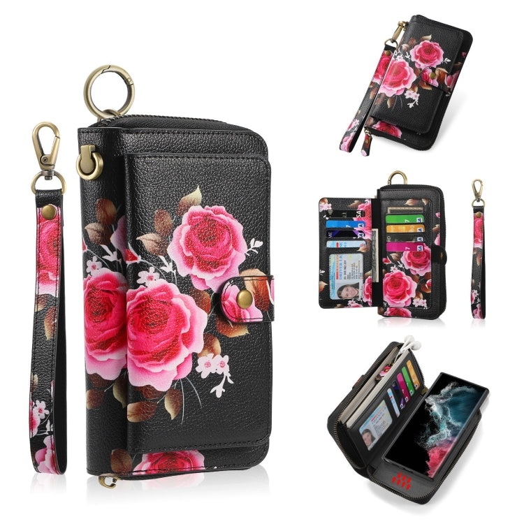For Samsung Galaxy S22+ 5G POLA Flower Multi-functional Zipper Wallet Leather Phone Case(Black) - Galaxy S22+ 5G Cases by buy2fix | Online Shopping UK | buy2fix