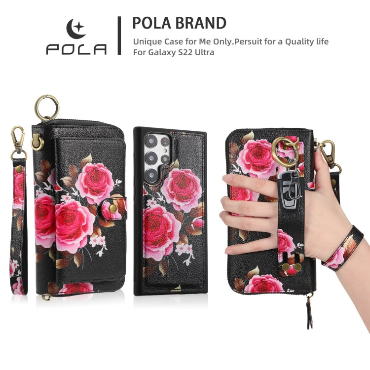 For Samsung Galaxy S22+ 5G POLA Flower Multi-functional Zipper Wallet Leather Phone Case(Black) - Galaxy S22+ 5G Cases by buy2fix | Online Shopping UK | buy2fix
