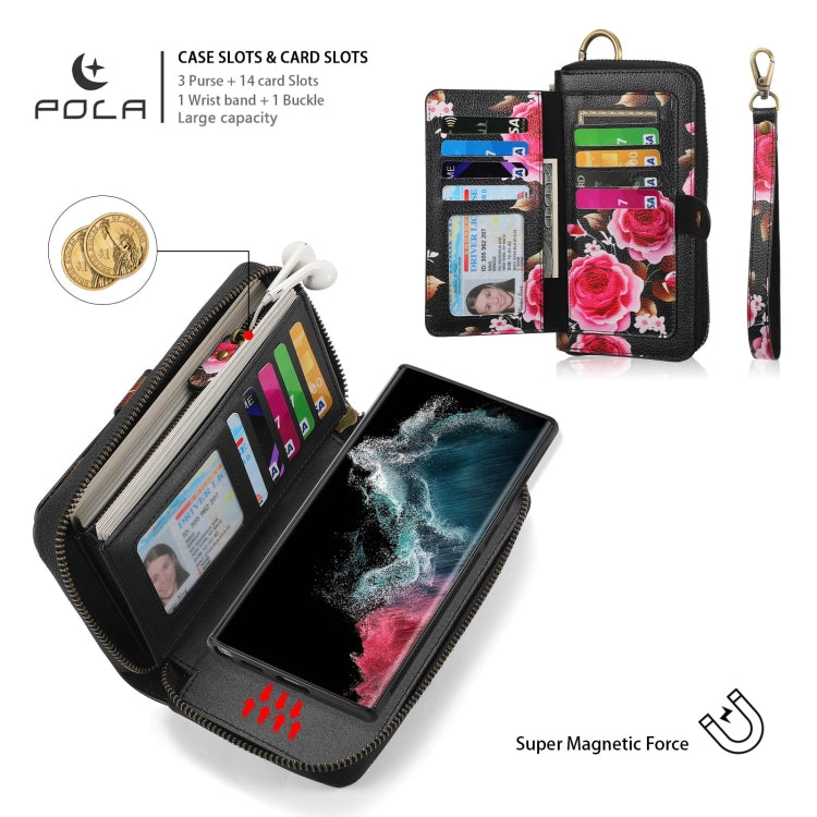 For Samsung Galaxy S22+ 5G POLA Flower Multi-functional Zipper Wallet Leather Phone Case(Black) - Galaxy S22+ 5G Cases by buy2fix | Online Shopping UK | buy2fix