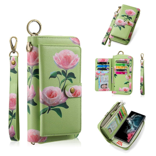 For Samsung Galaxy S22+ 5G POLA Flower Multi-functional Zipper Wallet Leather Phone Case(Green) - Galaxy S22+ 5G Cases by buy2fix | Online Shopping UK | buy2fix