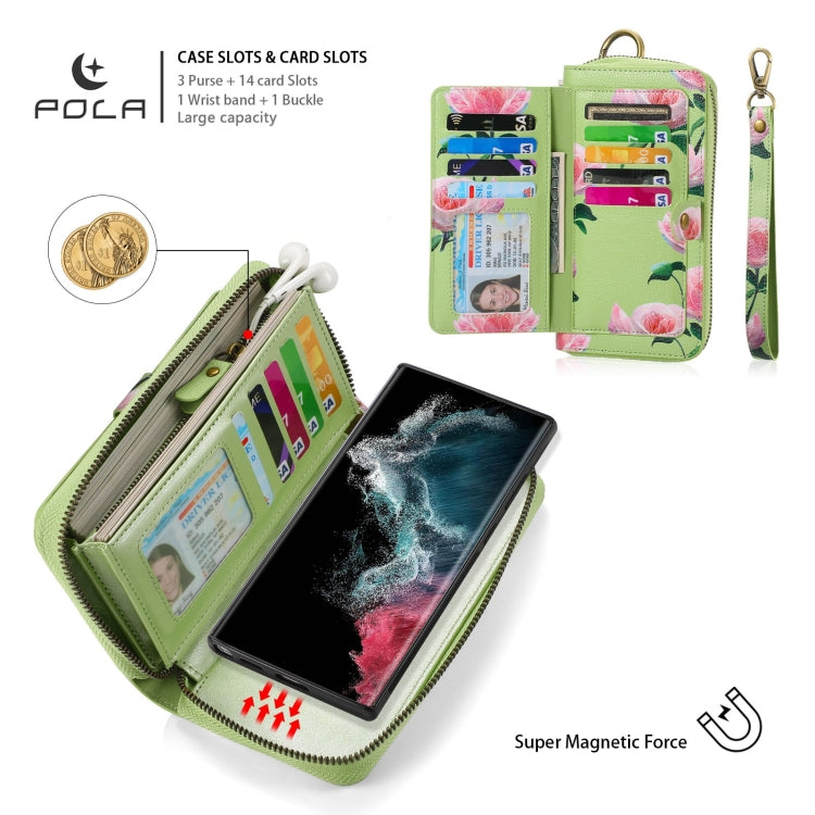 For Samsung Galaxy S22+ 5G POLA Flower Multi-functional Zipper Wallet Leather Phone Case(Green) - Galaxy S22+ 5G Cases by buy2fix | Online Shopping UK | buy2fix