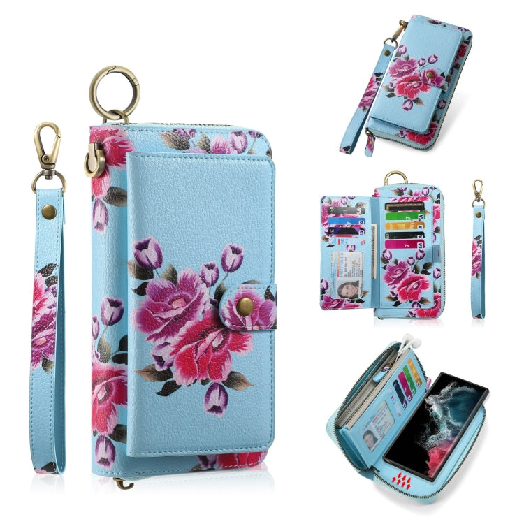 For Samsung Galaxy S22+ 5G POLA Flower Multi-functional Zipper Wallet Leather Phone Case(Sky Blue) - Galaxy S22+ 5G Cases by buy2fix | Online Shopping UK | buy2fix