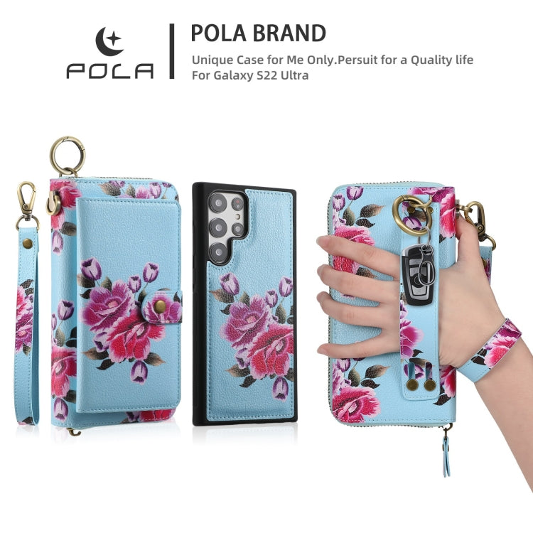 For Samsung Galaxy S22+ 5G POLA Flower Multi-functional Zipper Wallet Leather Phone Case(Sky Blue) - Galaxy S22+ 5G Cases by buy2fix | Online Shopping UK | buy2fix