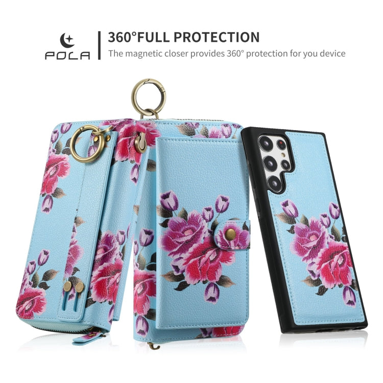 For Samsung Galaxy S22+ 5G POLA Flower Multi-functional Zipper Wallet Leather Phone Case(Sky Blue) - Galaxy S22+ 5G Cases by buy2fix | Online Shopping UK | buy2fix