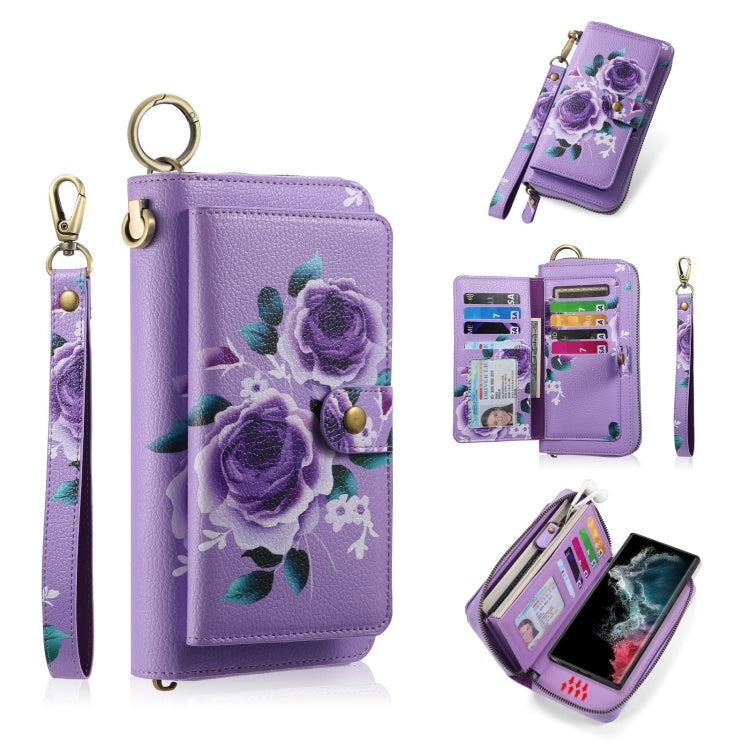For Samsung Galaxy S22+ 5G POLA Flower Multi-functional Zipper Wallet Leather Phone Case(Purple) - Galaxy S22+ 5G Cases by buy2fix | Online Shopping UK | buy2fix