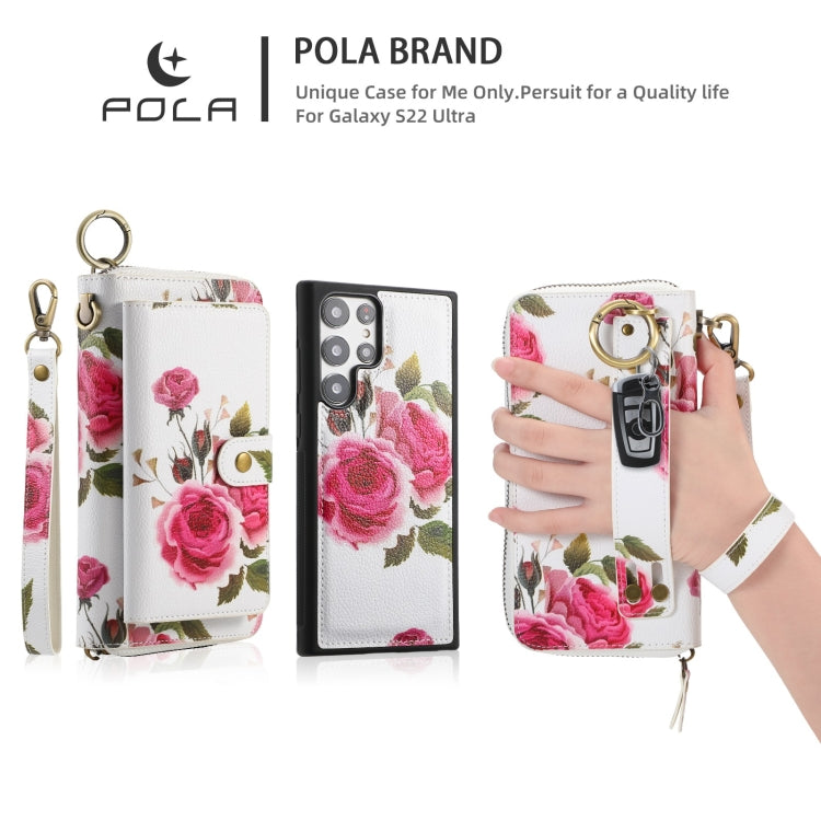 For Samsung Galaxy S22+ 5G POLA Flower Multi-functional Zipper Wallet Leather Phone Case(Beige) - Galaxy S22+ 5G Cases by buy2fix | Online Shopping UK | buy2fix
