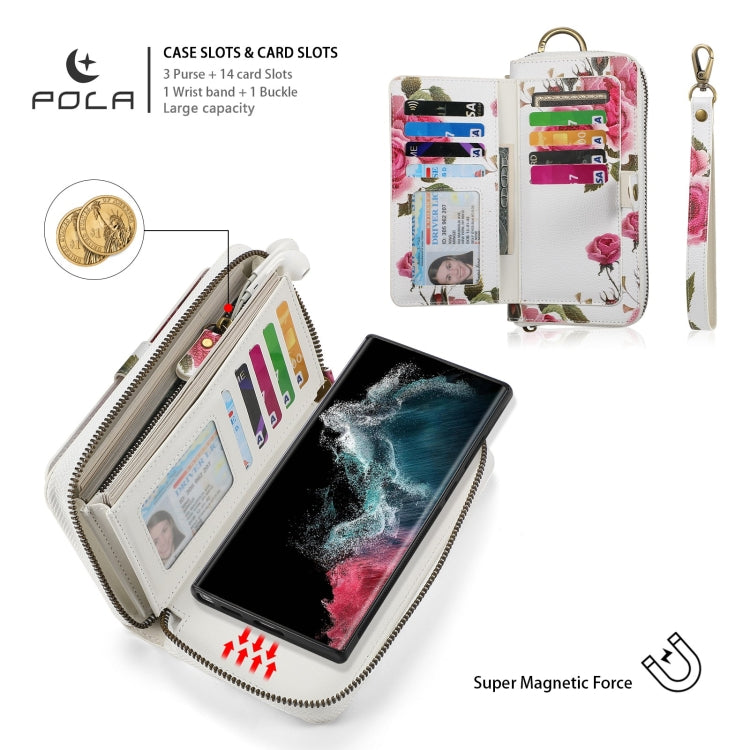 For Samsung Galaxy S22+ 5G POLA Flower Multi-functional Zipper Wallet Leather Phone Case(Beige) - Galaxy S22+ 5G Cases by buy2fix | Online Shopping UK | buy2fix