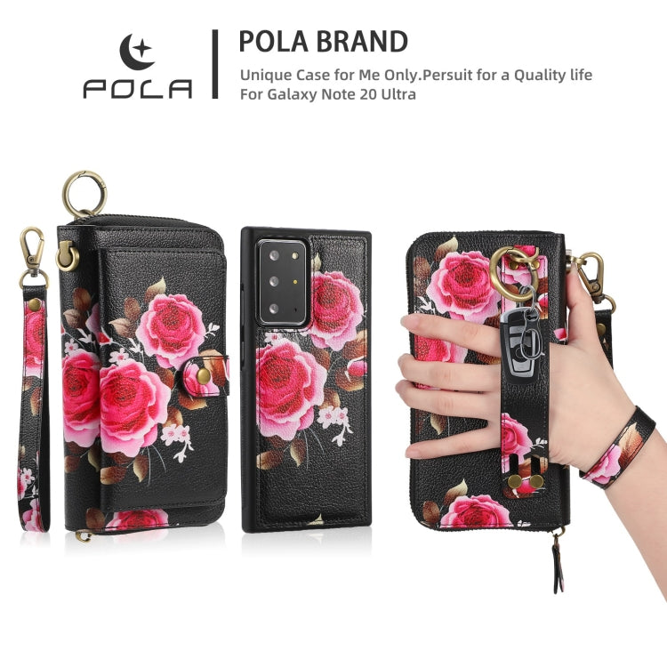 For Samsung Galaxy Note20 POLA Flower Multi-functional Zipper Wallet Leather Phone Case(Black) - Galaxy Note20 Cases by buy2fix | Online Shopping UK | buy2fix