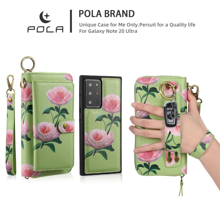For Samsung Galaxy Note20 POLA Flower Multi-functional Zipper Wallet Leather Phone Case(Green) - Galaxy Note20 Cases by buy2fix | Online Shopping UK | buy2fix