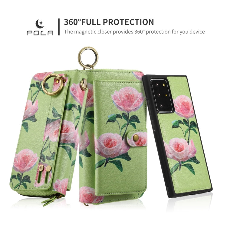 For Samsung Galaxy Note20 POLA Flower Multi-functional Zipper Wallet Leather Phone Case(Green) - Galaxy Note20 Cases by buy2fix | Online Shopping UK | buy2fix