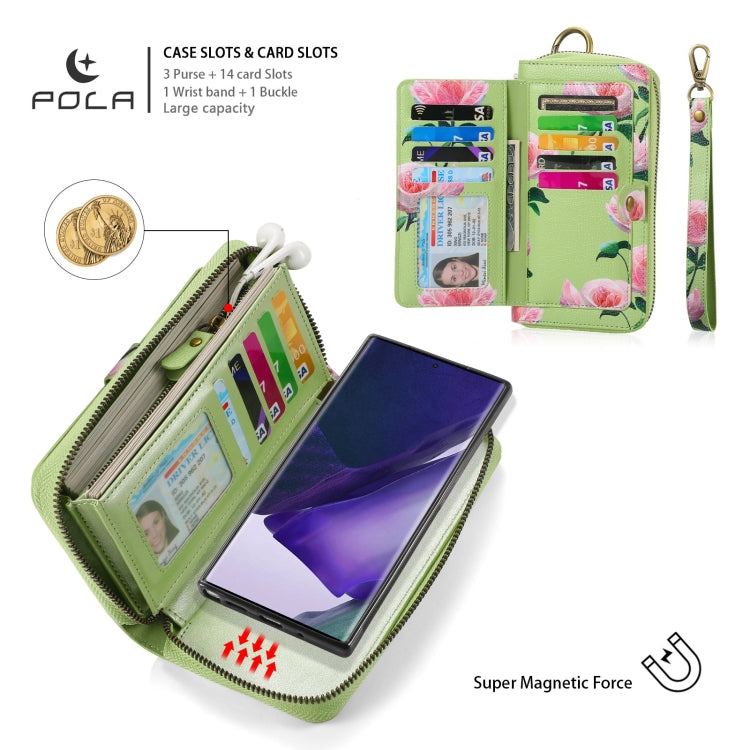 For Samsung Galaxy Note20 POLA Flower Multi-functional Zipper Wallet Leather Phone Case(Green) - Galaxy Note20 Cases by buy2fix | Online Shopping UK | buy2fix