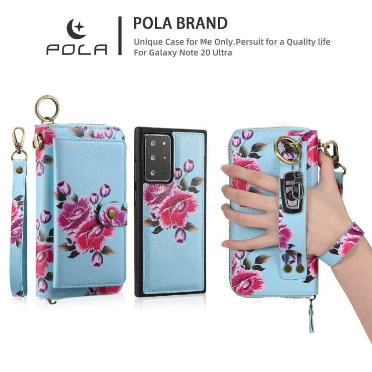 For Samsung Galaxy Note20 POLA Flower Multi-functional Zipper Wallet Leather Phone Case(Sky Blue) - Galaxy Note20 Cases by buy2fix | Online Shopping UK | buy2fix