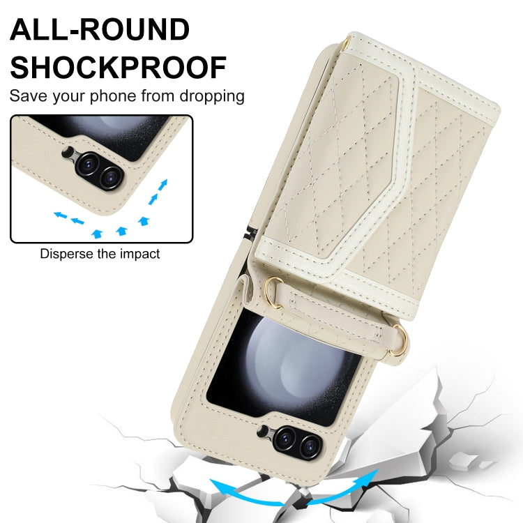 For Samsung Galaxy Z Flip5 Splicing Rhombic Texture Phone Case with Long & Short Lanyard, Not Included Pen(Beige) - Galaxy Z Flip5 Cases by buy2fix | Online Shopping UK | buy2fix