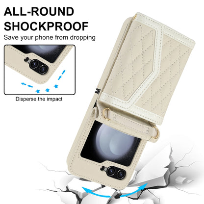 For Samsung Galaxy Z Flip5 Splicing Rhombic Texture Phone Case with Long & Short Lanyard, Not Included Pen(Beige) - Galaxy Z Flip5 Cases by buy2fix | Online Shopping UK | buy2fix