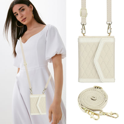 For Samsung Galaxy Z Flip5 Splicing Rhombic Texture Phone Case with Long & Short Lanyard, Not Included Pen(Beige) - Galaxy Z Flip5 Cases by buy2fix | Online Shopping UK | buy2fix