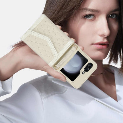 For Samsung Galaxy Z Flip5 Splicing Rhombic Texture Phone Case with Long & Short Lanyard, Not Included Pen(Beige) - Galaxy Z Flip5 Cases by buy2fix | Online Shopping UK | buy2fix