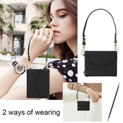 For Samsung Galaxy Z Flip5 Splicing Rhombic Texture Phone Case with Long & Short Lanyard, Not Included Pen(Black) - Galaxy Z Flip5 Cases by buy2fix | Online Shopping UK | buy2fix