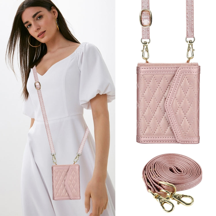 For Samsung Galaxy Z Flip5 Splicing Rhombic Texture Phone Case with Long & Short Lanyard, Not Included Pen(Rose Gold) - Galaxy Z Flip5 Cases by buy2fix | Online Shopping UK | buy2fix